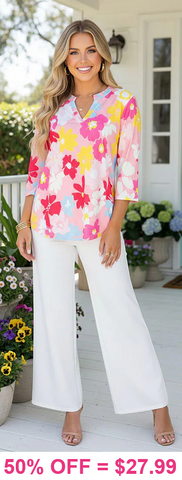 Pink & Yellow flower v-neck top