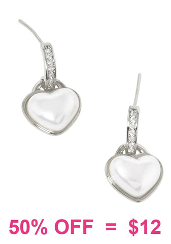 Pearl heart earrings silver tone