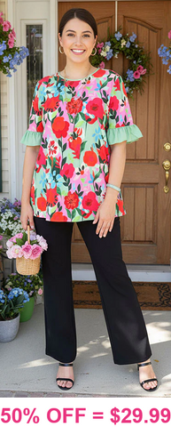Floral top with green ruffle sleeves
