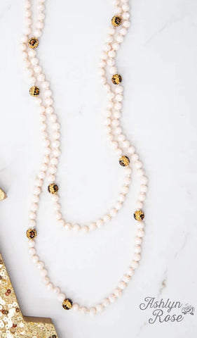 Beige & Leopard Crystal Beaded 60" Layering Necklace