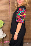 3X Colorful embroidery sleeve Black blouse