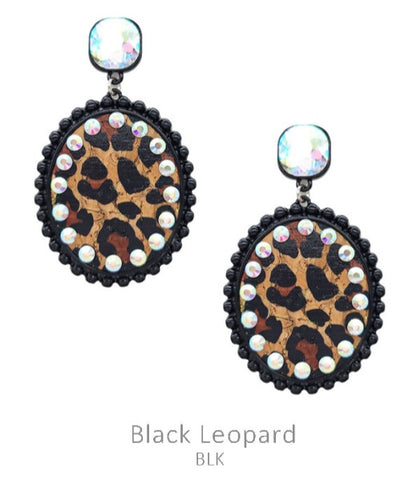 Leopard Oval with Rhinestone trim earrings