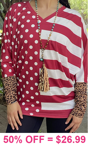 Red & White polka dot, Striped, dolman top with leopard sleeves