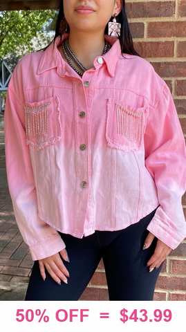 Pink & Blush Crop denim jacket with bling fringe pockets