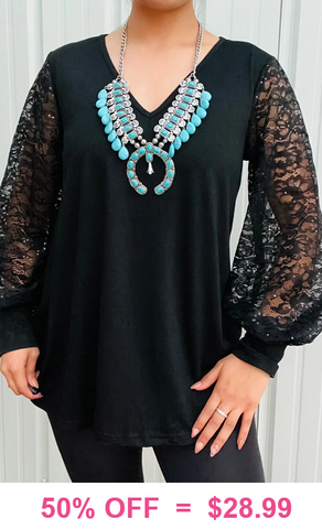 2X..Lace & Shimmery Sequin Long Sleeve Black Top