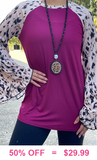 S, L, XL, Plum Top with Cheetah Long Bell Sleeves