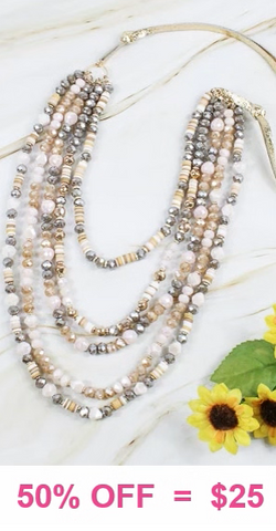 Beautiful Beige Earth Tones Crystal Beaded Necklace 5 strands