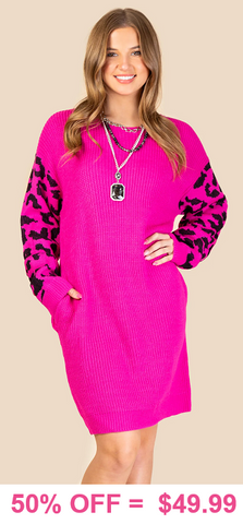 Pink Sweater dress with pockets and black leopard sleeves