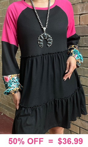 Black Ruffle Dress with pink shoulders and printed sleeve