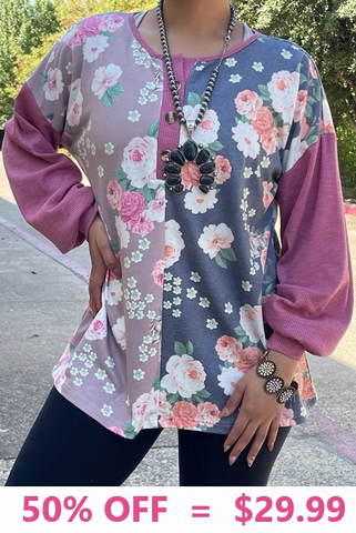 Small,  Half Floral, button front, pink long sleeve top