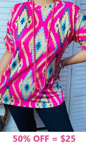 Pink & Turquoise tribal short sleeve top