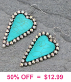 Turquoise Stone Heart Earrings with Silver Bling Border
