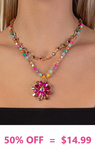 Colorful Necklace with Pink Bling Flower pendant