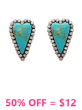Turquoise Heart Stone Earring with Silver BLING Border on Stud Post - Medium size