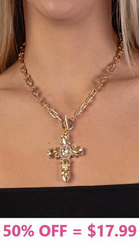 Gold Toggle Necklace with Bling Champagne ornate cross pendant