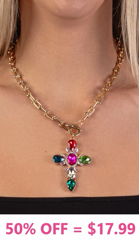 Gold Toggle Necklace with Bling Colorful ornate cross pendant