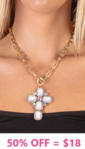 Gold Necklace with White bling rhinestone cross pendant