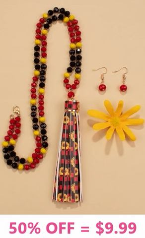 Beaded Necklace with red & Yellow plaid & sunflower tassel