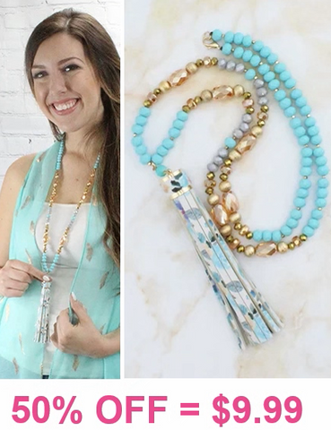 Turquoise & gold crystal necklace with floral tassel