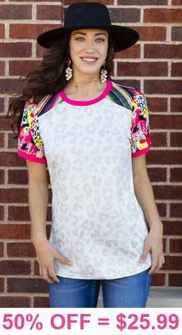White Leopard top with colorful short sleeves