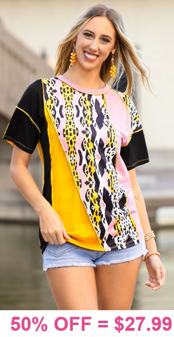 Yellow, Black & Blush Leopard stitched short sleeve top