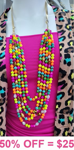 Purple, Neon Multi color crystal beaded 5 strand necklace