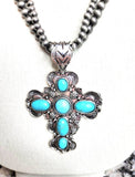 Turquoise cross pendant necklace with 2 silver strands navajo pearls