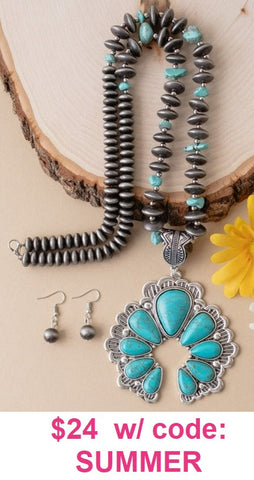Turquoise & Silver Navajo Pearl Beaded Necklace with Multi Stone Squash Blossom Pendant