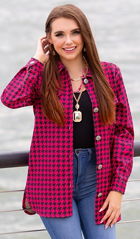 L,XL, 2X,3X : Pink houndstooth shacket coat