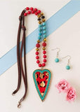 Red & Turquoise Beaded Necklace with Gold Leopard Heart Pendant