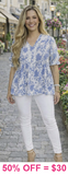 S,L,3X : Blue & White floral Top lace details