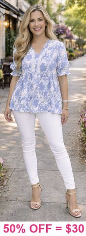 S,L,3X : Blue & White floral Top lace details