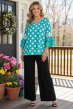 S, M, XL Turquoise Polka Dot ruffle bell sleeve top
