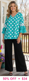 S, M, XL Turquoise Polka Dot ruffle bell sleeve top