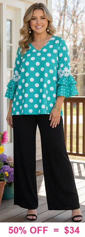 S, M, XL Turquoise Polka Dot ruffle bell sleeve top