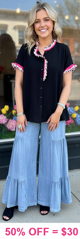 Large: Black top with pink leopard ruffle trim