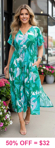 Green printed drawstring Dress Green printed drawstring Dress