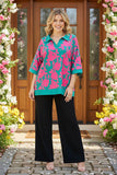 Teal & Pink Floral Collar Top