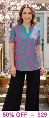 Teal v-neck with pink floral print