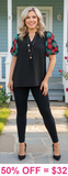 Sml, Black top with Red & Turquoise embroidery sleeve detail