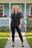 Sml, Black top with Red & Turquoise embroidery sleeve detail