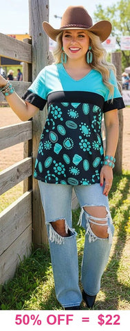 Turquoise concho color block top
