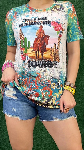 "Just a Girl Who Loves Her Cowboy" graphic tee shirt