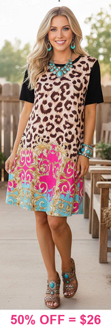 Leopard Dress with pink, turquoise, & gold scroll