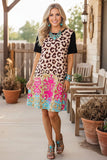 Leopard Dress with pink, turquoise, & gold scroll