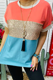 S, L, 3X Coral, Sequin, Turquoise color block top