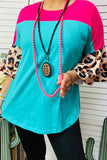 Turquoise and Pink Top with leopard bell sleeves
