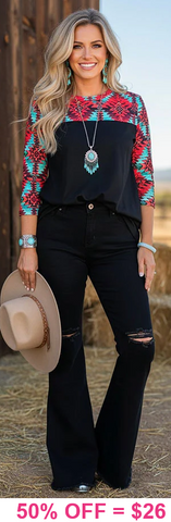 Black top with Red & Turquoise tribal sleeves