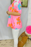 Pink Flower print top with bubble sleeves
