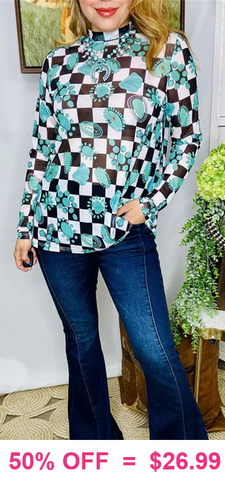 Turquoise conchos checkered mesh top